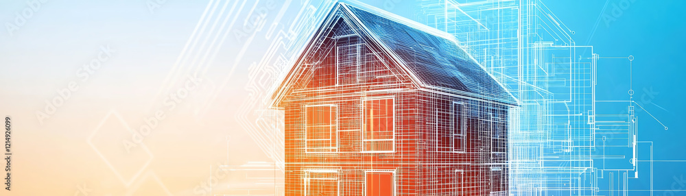 Poster futuristic house design with blueprints and abstract technology elements