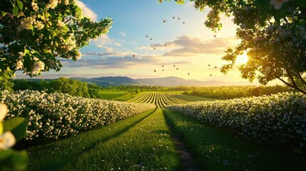Fototapeta premium Serene Spring Landscape with Blooming Flowers and Golden Sunset