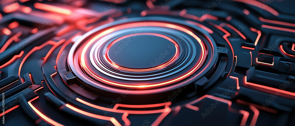 Poster futuristic glowing tech design with layered grids and circular patterns