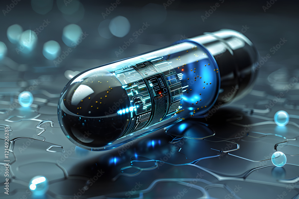 Leinwandbilder digital illustration of an advanced nanotech capsule with circuitry on a high-tech background