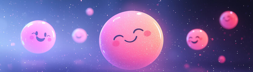 Naklejka premium Happy glowing pink emoji icons floating in dreamy background