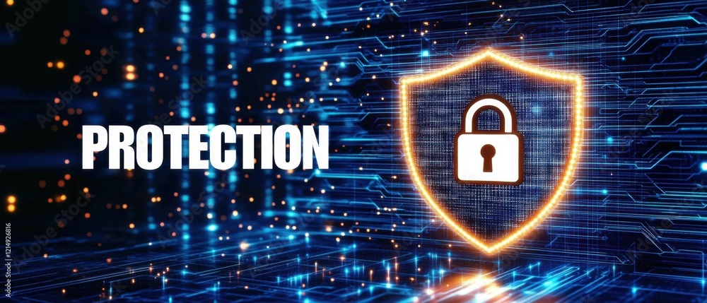 Poster data protection and cybersecurity concept: glowing shield with lock icon on futuristic circuit board