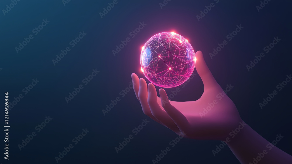 Poster glowing sphere with interconnected lines held in hand, symbolizing technology and innovation