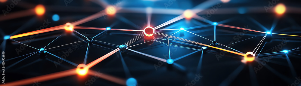 Poster interconnected glowing network nodes on dark background create futuristic atmosphere