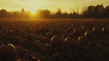 Obraz premium Golden Sunset over Pumpkin Field with Misty Landscape Atmosphere