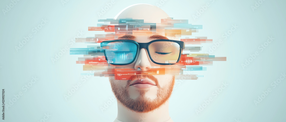 Poster futuristic chatbot face with data streams and glasses, showcasing technology