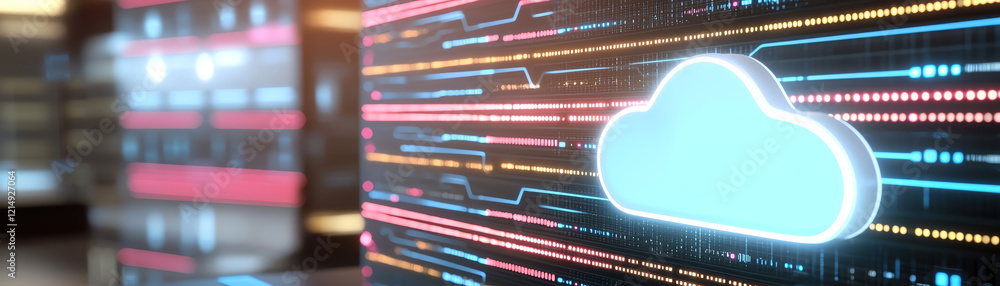 Poster glowing cloud symbol surrounded by vibrant data grids and technology elements, representing digital 