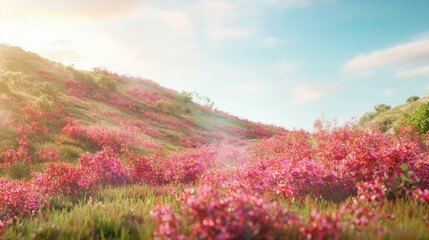 Radiant Blossoms: A Cinematic View of a Sunlit Hillside Orchard in Full Bloom | Ultra-Detailed Image Capturing Vibrant Red and Pink Petals