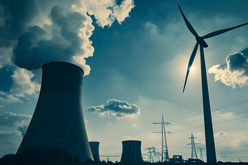 Fototapeta premium Contrast of energy: nuclear plant and wind turbine