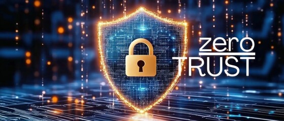 Zero Trust Security Concept: Digital Shield and Padlock on Circuit Board Background Cybersecurity, Data Protection, and Network Security in the Digital Age