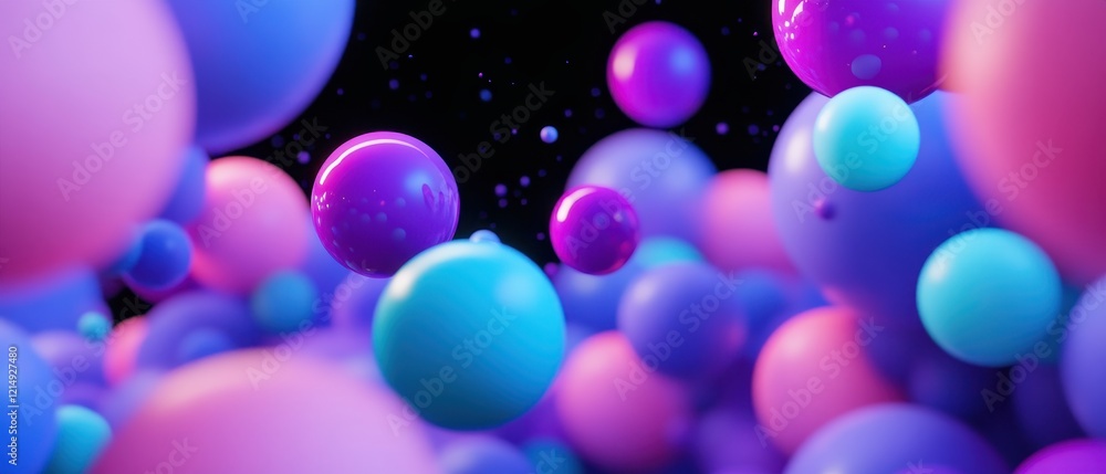 Poster colorful abstract spheres floating in a dark space creating a vibrant atmosphere.
