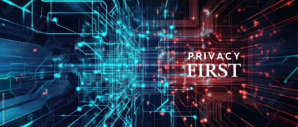 Poster privacy first: futuristic cybersecurity concept with glowing blue and red circuit board lines repres