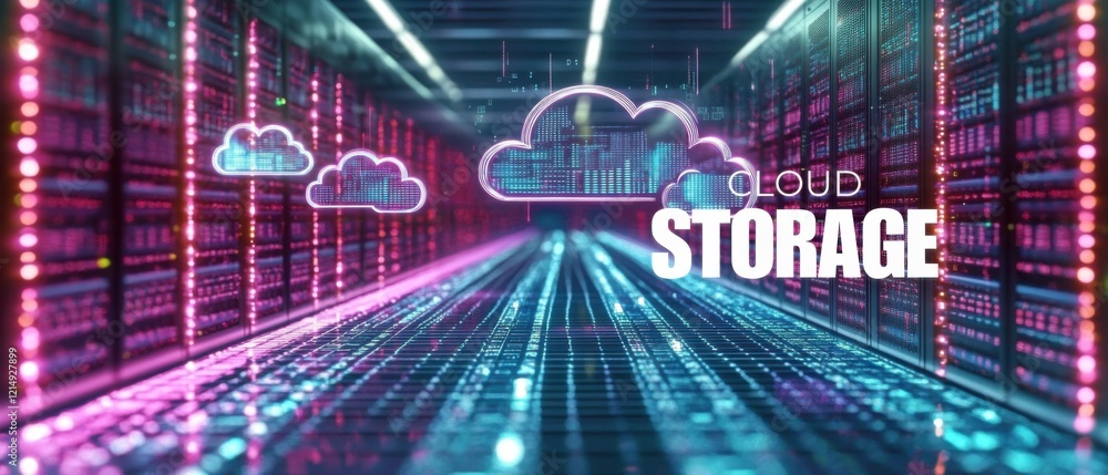 Poster cloud storage technology concept with digital clouds and data center servers futuristic server room 