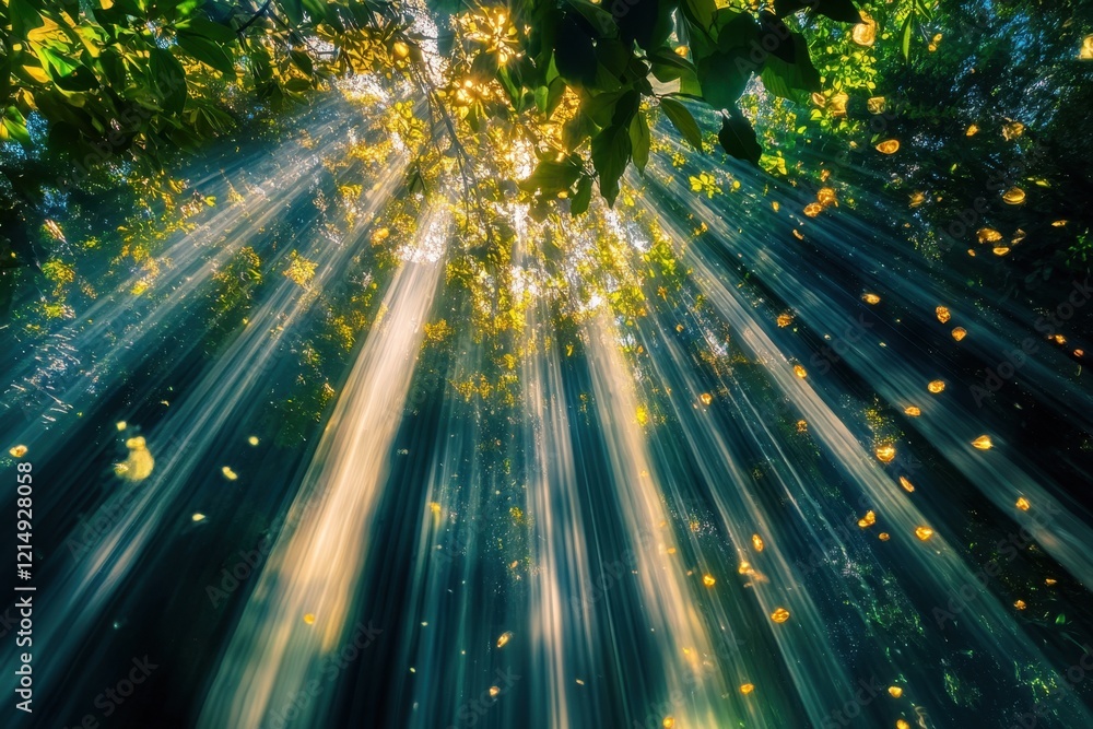 Aufkleber sunlight filters through the canopy in a serene forest setting at midday
