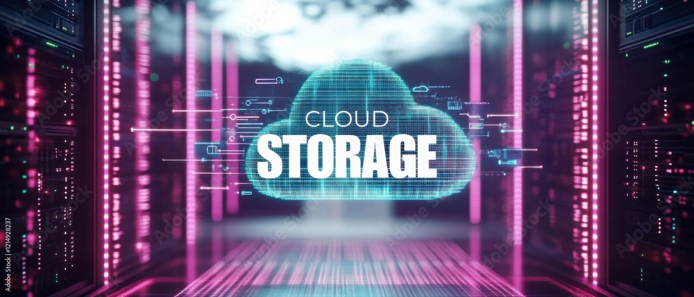 Poster cloud storage concept with digital cloud and data center servers futuristic technology of cloud comp