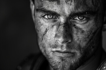 Generative AI image of a fierce ancient gladiator in battle-worn armor and helmet, inspired by Greek warriors