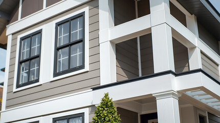 Fototapeta premium Modern House Exterior: Contemporary Home Design and Architecture. Luxury Real Estate Property with Elegant Facade and Beautiful Structure