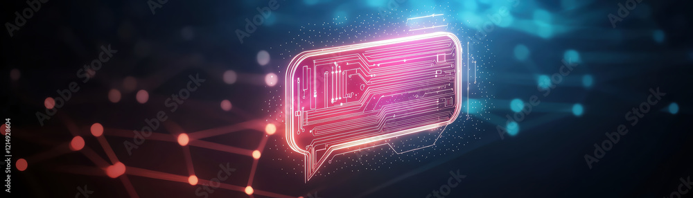 Poster dynamic glowing circuit design in chat bubble, representing technology