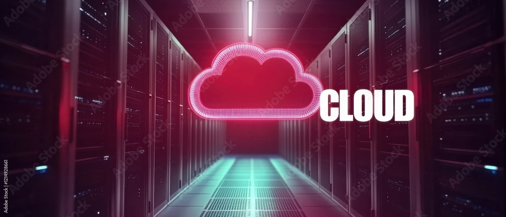 Poster cloud computing concept: glowing red cloud icon in a dark server room, symbolizing data storage, net