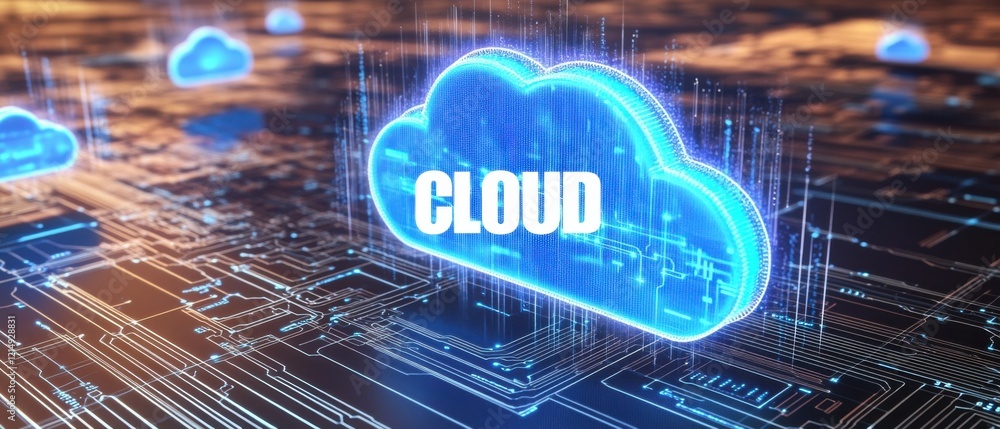 Poster cloud computing concept: glowing blue cloud icon above a futuristic circuit board, symbolizing data 