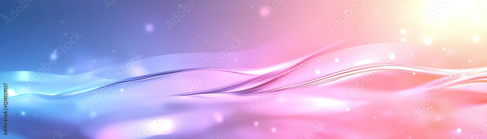 Poster cascade of glowing particles flows upward, creating dreamy atmosphere. soft waves of color blend har