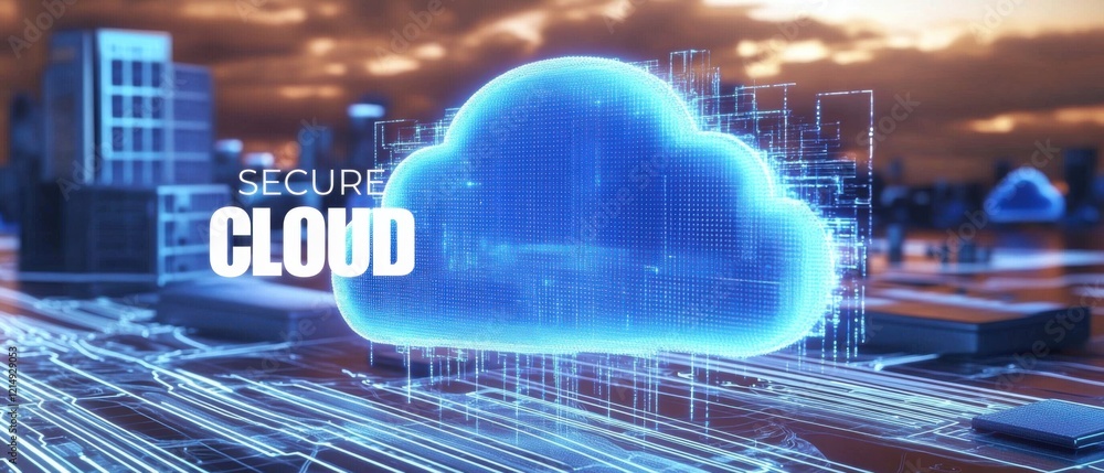 Poster secure cloud computing concept with digital cloud and cityscape background cloud technology, data st