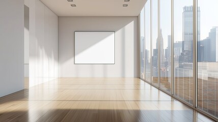 Empty wooden picture frame mockup hanging on white wall background in a spacious empty room with sunlight. Working space, home office lounge. Gallery