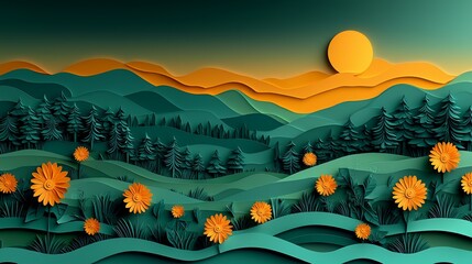 Vibrant Sunset Over Layered Landscape with Paper Cut Flowers and Forest in Warm Colors