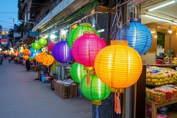 Colorful Lanterns Lighting Up a Vibrant Street Market at Dusk