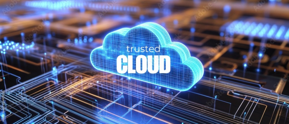 Poster trusted cloud computing concept: glowing blue cloud icon hovers above futuristic circuit board, repr