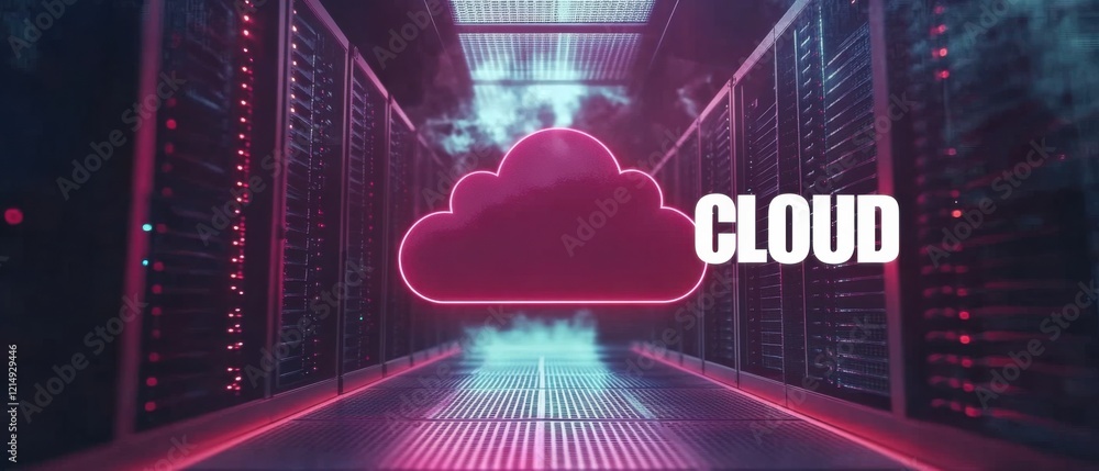 Poster cloud computing concept: futuristic server room with glowing neon cloud icon and illuminated servers
