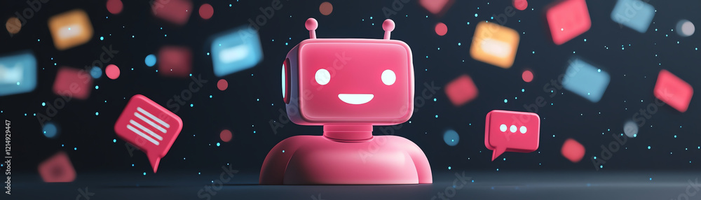 Poster cute chatbot with glowing features and colorful message icons