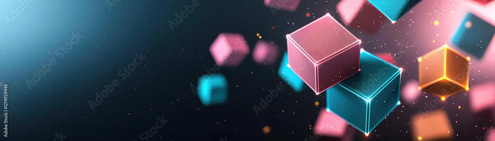 Poster floating 3d cubes in vibrant colors with glowing edges create dynamic scene