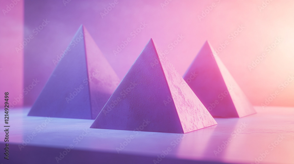 Poster Colorful pyramids create a striking visual display in a misty environment with soft lighting