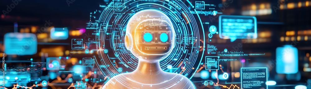Poster futuristic robot avatar with glowing data interface and digital elements