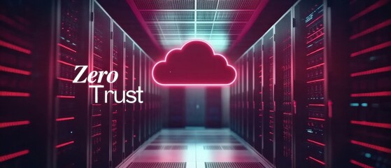 Zero Trust security concept with glowing neon cloud icon in server room Cybersecurity, data protection, network security, and cloud computing technology in modern data center