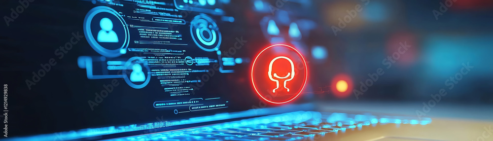 Poster digital interface with glowing user icons and data streams