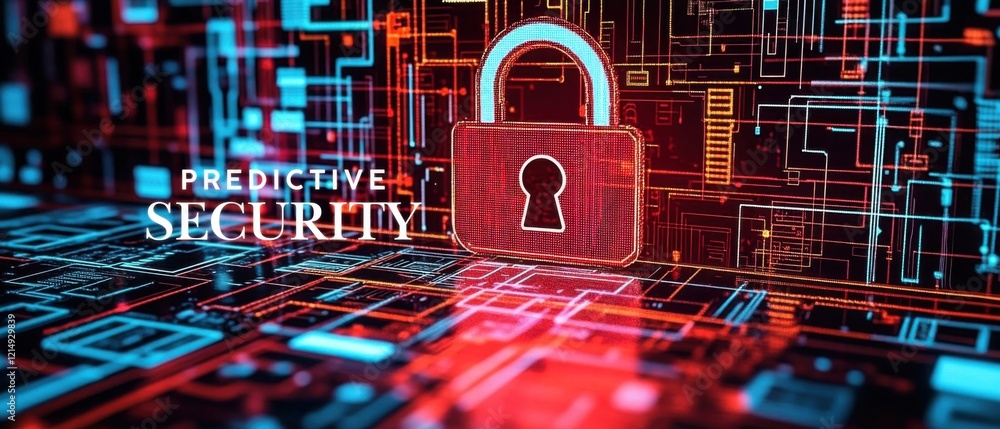 Poster predictive security concept with digital lock icon on futuristic circuit board background cybersecur