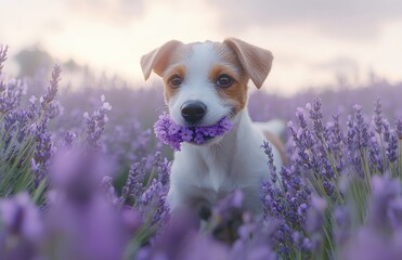 Adorable puppy holding colorful flowers in its mouth while standing in a vibrant lavender field, surrounded by beautiful purple blooms and a serene sky