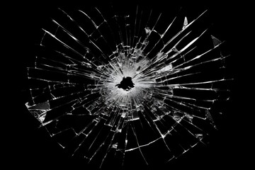 Pieces of glass on a black background. Large cracks in the glass.