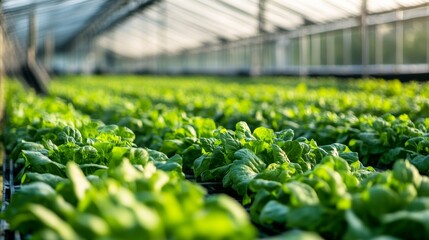 A sprawling agricultural greenhouse filled with rows of hydroponic crops and automated watering systems, Agricultural greenhouse scene, Modern and sustainable style