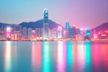 Naklejka premium Hong Kong skyline, financial graphs, trading, investment, Asia's economy, urban landscape, business growth, financial hub
