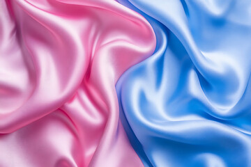 Obraz premium Abstract background with a pink and blue holographic satin fabric texture. The background features wavy folds of soft silk cloth.
