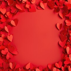 Textured frame of layered, handmade 3D folded red paper hearts scattered around a solid crimson background with copy space. Flat lay for Valentine's Day or wedding theme.