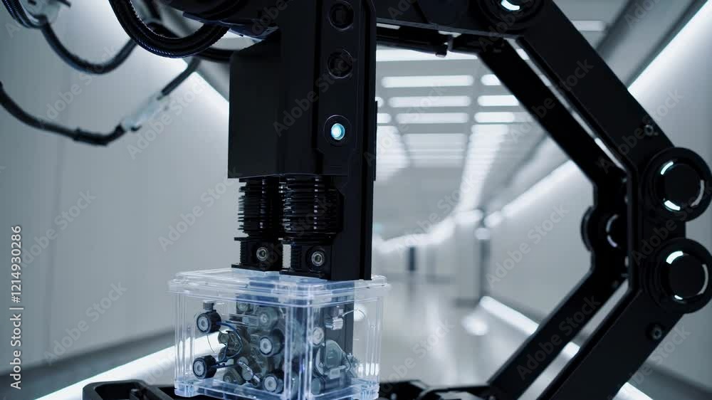 Poster robotic arm operates in high-tech facility working on precision tasks