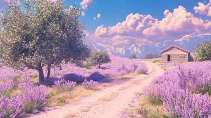 Enchanting Sorbet-Colored Orchard with Wooden Hut In The Distance Cinematic Scene