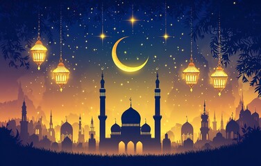 Eid Mubarak and Ramadan Kareem greetings with an Islamic lantern, mosque spire, and night sky background with copy space. 