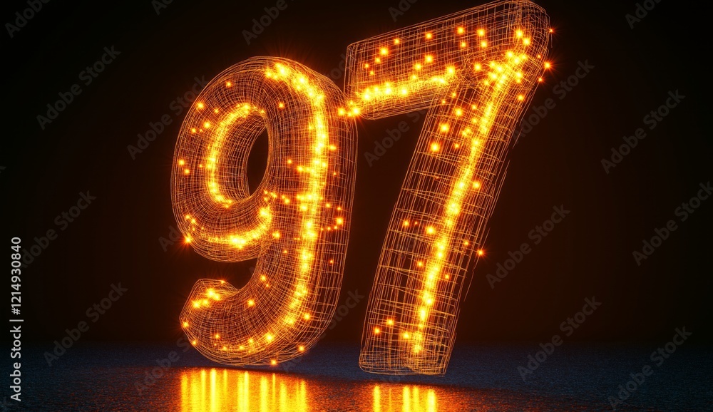 Poster glowing wireframe number ninety seven 3d render abstract digital art