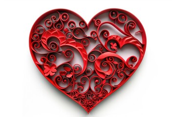 Detailed 3D quilling paper art: Vibrant red heart filigree design isolated on pure white background, symbolizing love, romance, passion, and Valentine's Day greetings.