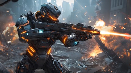 Futuristic Soldier Firing Weapon In War Zone